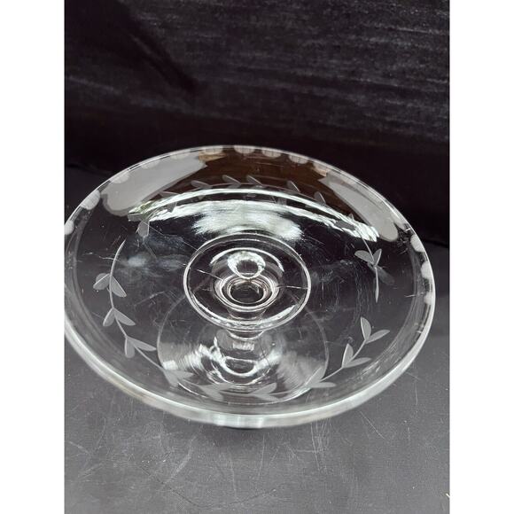 Vintage Glass Compote Bowl With Etched Floral Leaf Design - Picture 6 of 9